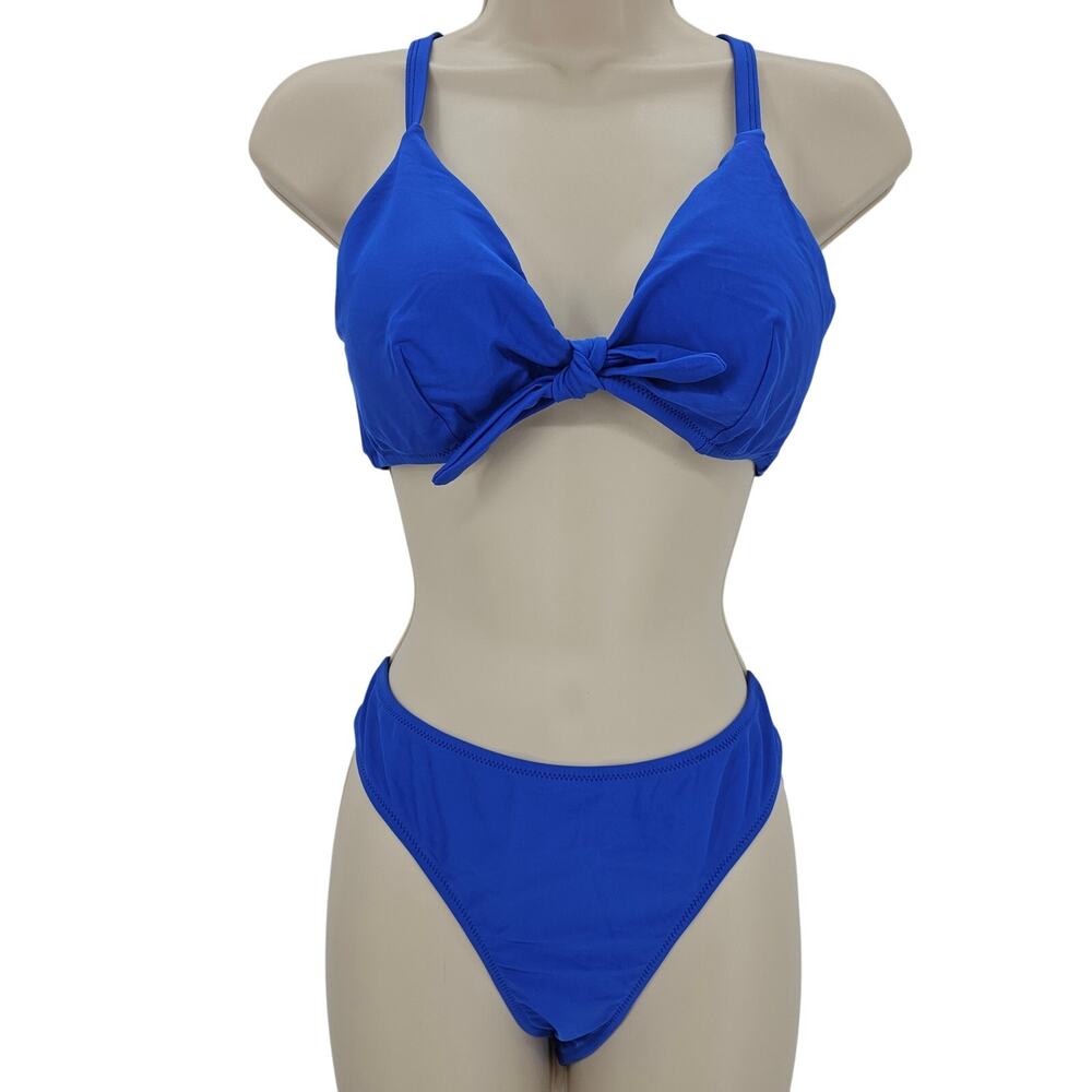 Cupshe Womans size L Knot Front Criss Cross back 2 Piece Bikini Set Blue NEW